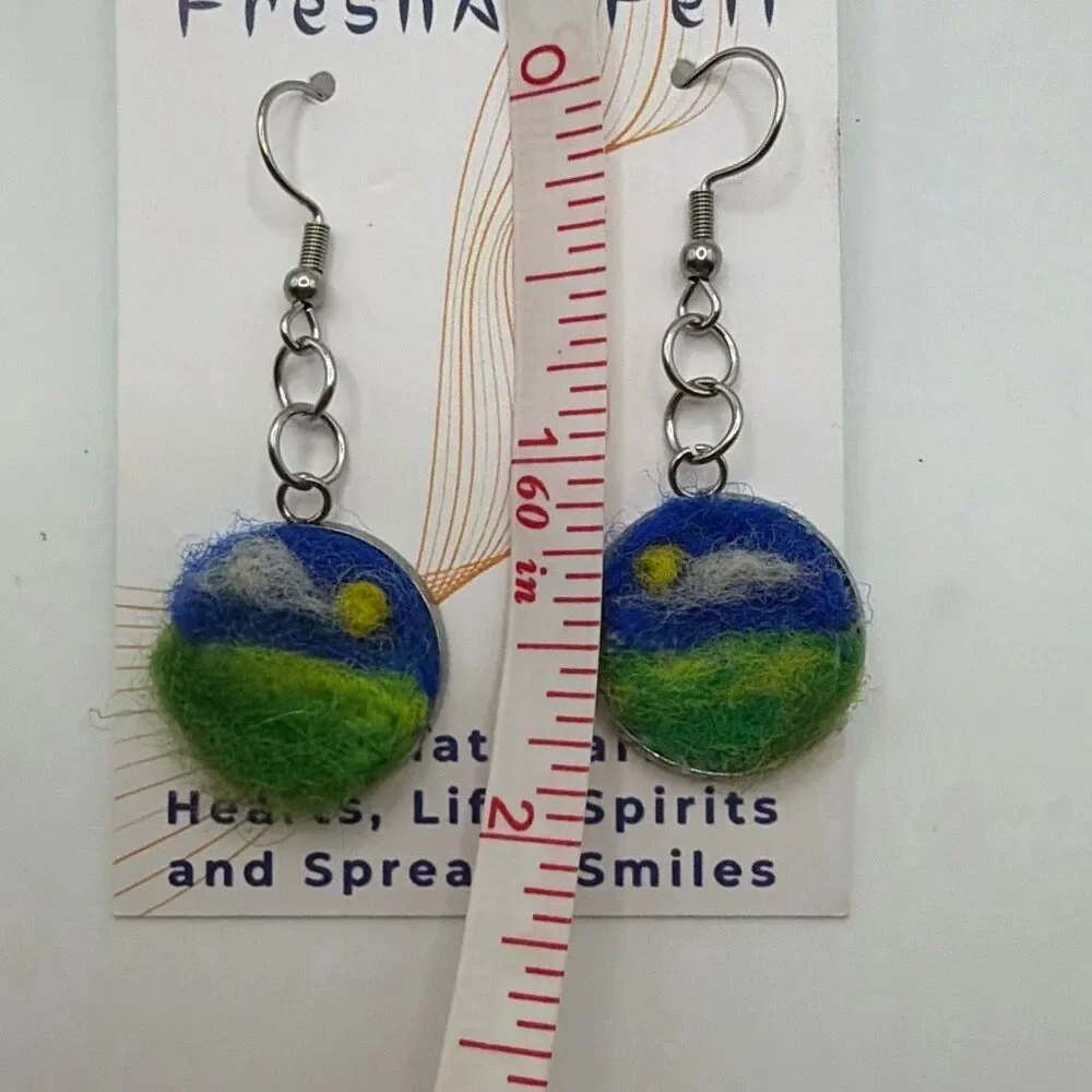 Needle felted landscape Unique hand crafted Stainless drop steel earrings